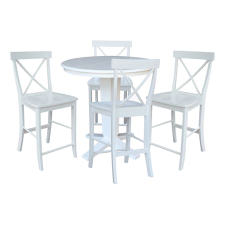 International Concepts 36 in. Solid Wood Round Extension Dining Table with 4 Counter Height Stools in White K08-36RXT-23-S6132-4